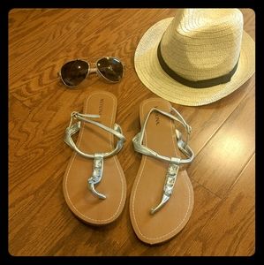 Metallic Thong Sandals With Crystal Embellishments